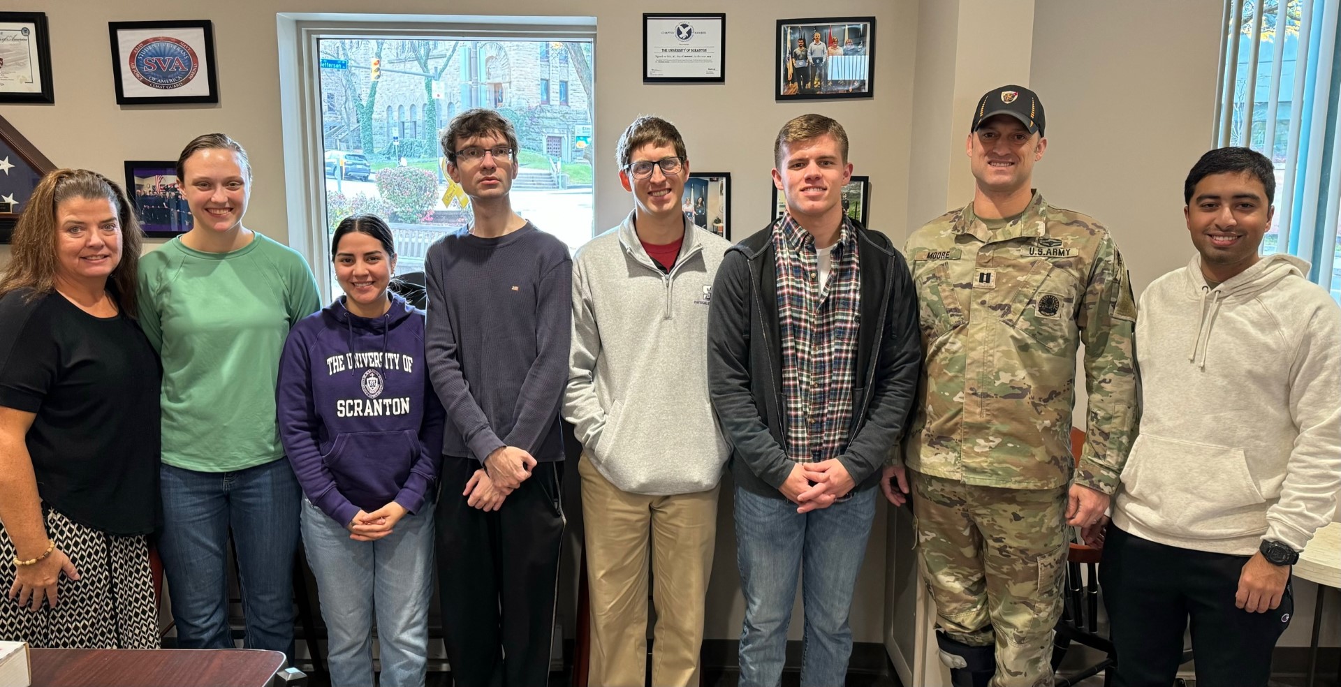 Members of the Student Veterans Organization, shown, and the Tactical Fitness Club, are uniting to support veterans this fall. Shown, from left: Student Veterans Organization Advisor Barbara King with SVO members at their most recent meeting: Brianna Cahoon, Claudia Lopez, Ben DeTrempe, Ryan Lally, Josh Moore and Jay Kapadia.