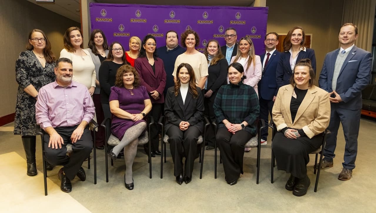 Twenty area residents completed The University of Scranton Nonprofit Leadership Certificate Program. Seated, from left: John Santa Barbara, West Chester University Foundation; Susan Jeffery, Hawk Family Foundation; Amy Benjamin, Northern Tier Regional Planning and Development Commission; Lauryn Cleveland, Friendship House; and Arrah Fisher, The Cooperage. Sanding: Joan Peterson, Lackawanna County; Kathleen Barry, The Wright Center; Lori Chaffers, Outreach; Tiffany Benedict, Women's Resource Center; Laura Boyle, Scranton Youth Arts Coalition; Jennifer Passaniti, Center for Health and Human Services Research and Action; Andrew Chew, The Institute; Shane Powers, NeighborWorks; Erica Rogler, Wyoming County Cultural Center/Dietrich Theater; Art Levandoski, Jewish Family Services; Avianna Carilli, The University of Scranton; Matthew Ceruti, United Way of Lackawanna, Wayne and Pike counties; Amy Luyster, Greater Scranton Chamber of Commerce; and Josh Nespoli, Community Strategies Group. Glynis Johns, Black Scranton Project, was absent from the photo.