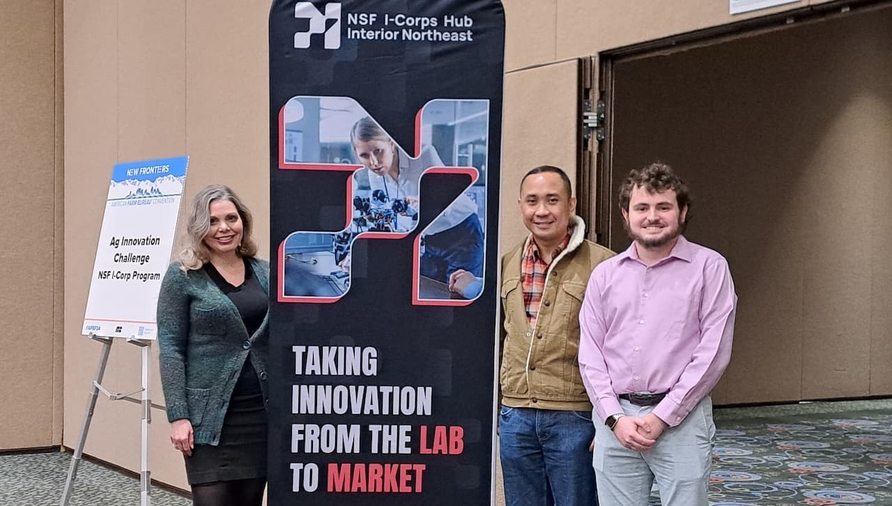 University of Scranton chemistry faculty member Gerard Dumancas, Ph.D., and graduate student Adam Mehall ’23, were awarded a $5,000 National Science Foundation (NSF) Innovation Corps (I-Corps) grant to develop an analytical method to detect the authenticity of egg whites quickly and accurately. Pictured at a recent NSF I-Corp Program “Innovation Challenge” are, from left: Tina Thornton, Ph.D., NSF I-Corps Interior Northeast Faculty Lead and assistant professor at the University of Vermont; Dr. Dumancas and Mehall.