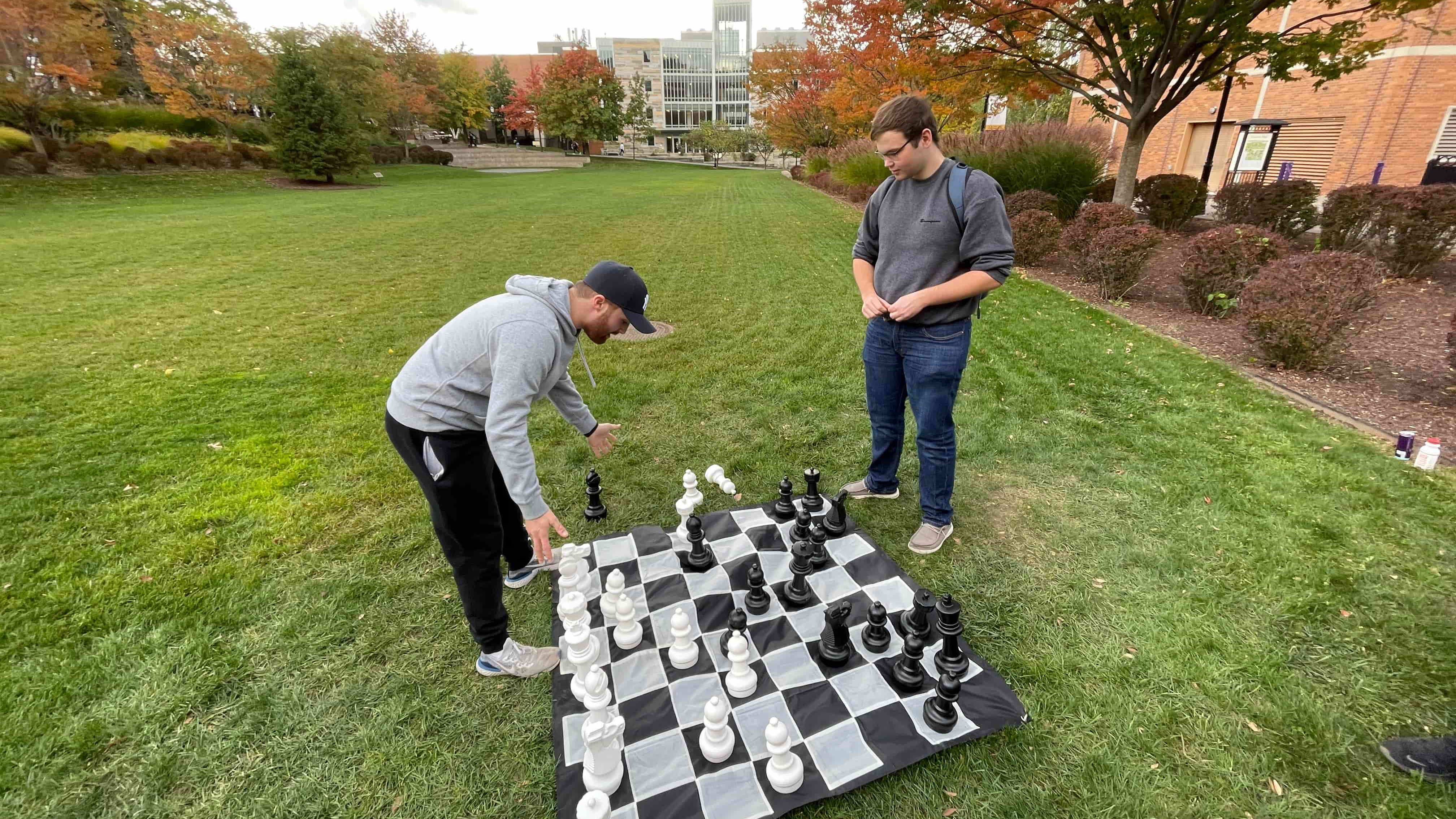 people on a lawn playing chess on a board ten times the regular size