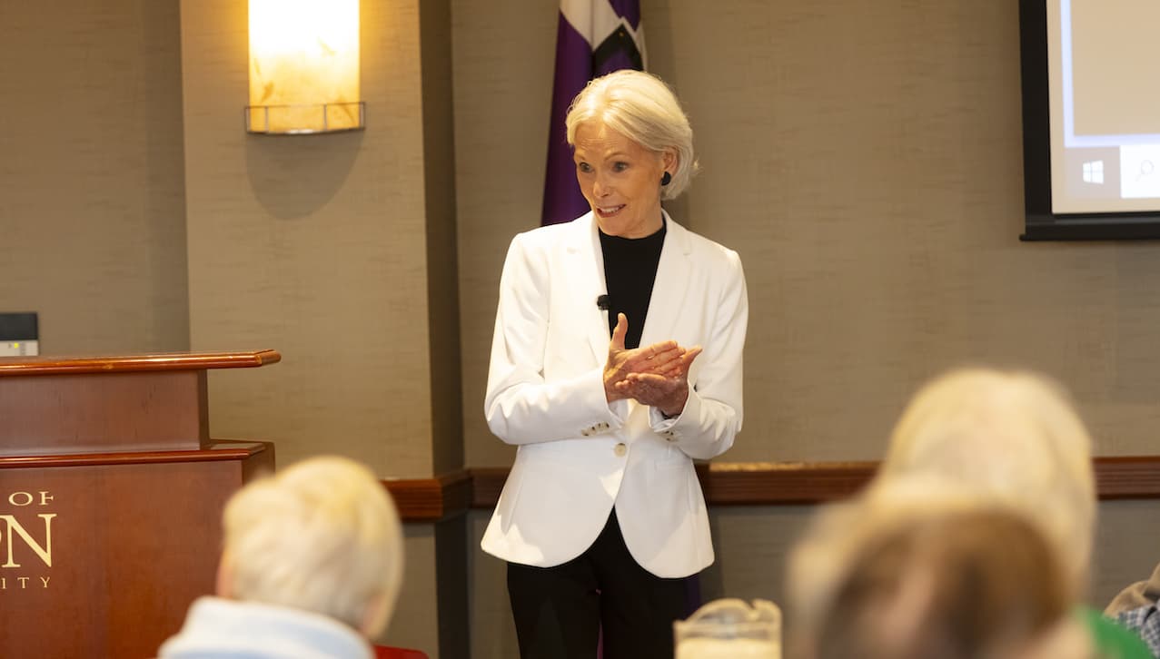Jill Dougherty discussed wars in Ukraine and the Middle East, as well as ‘simmering tensions’ over Taiwan in her presentation, “The World in Disarray,” at The University of Scranton’s Schemel Forum World Affairs Luncheon Seminar in April on campus. 