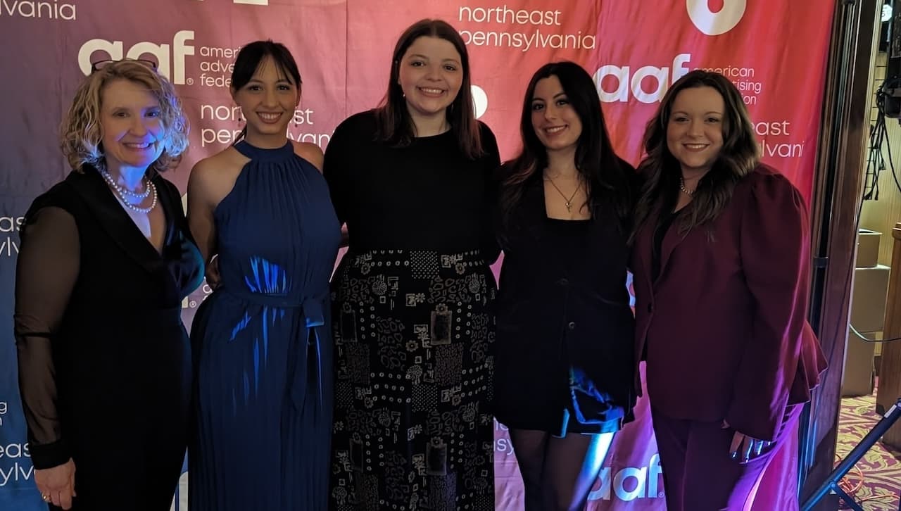 University of Scranton students were recognized at American Advertising Federation Northeastern Pennsylvania Award Ceremony recently. From left, are: Stacy M. Smulowitz, Ph.D., associate professor and chair of the Department of Communication and Media; and University students Claudia Campo Mirabent ’24, Claire Lodger ’24, Francesca Ragusa ’24 and Mia Familetti ’25.