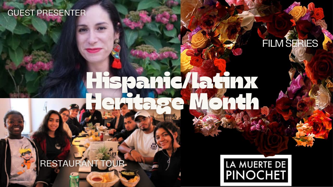 Among Hispanic/Latinx Heritage Month events, shown clockwise from top left: Emily Aguilo Perez, who will present “An American Icon in Puerto Rico: Barbie, Girlhood, and Colonialism at Play,” Oct. 2, Latin American Film Series: La Muerte de Pinochet, Sept. 17 and South Side Restaurant Tour Oct. 5.