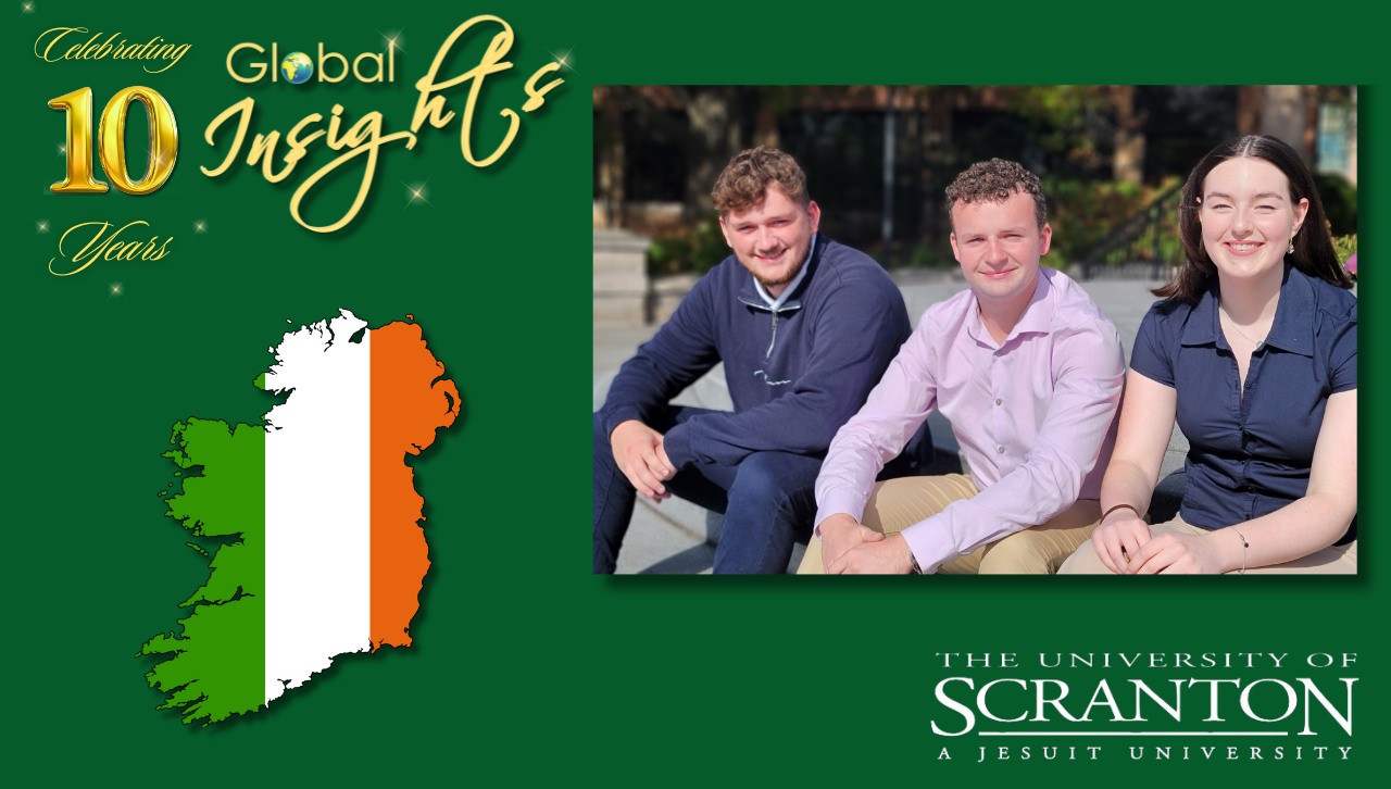 Green background with gold Global Insights 10th anniversary logo, photo of two male and one female student and color map of Ireland.