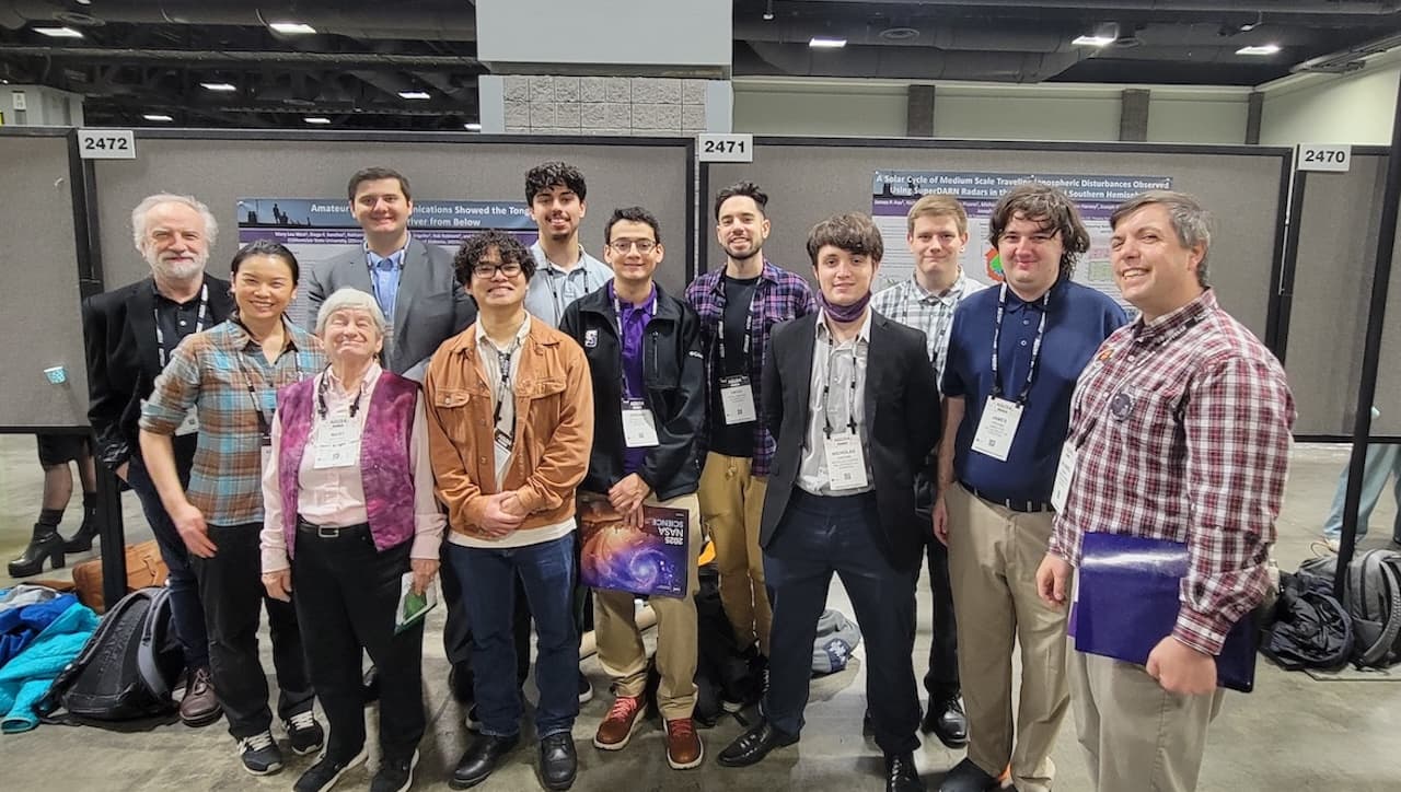 Eight University of Scranton undergraduate and graduate students presented research posters at the 2024 Geophysical Union Meeting, the annual meeting is the largest gathering of Earth and space scientists worldwide. The meeting, with more than 25,000 attendees representing more than 100 countries, took place in Washington, D.C., in December. From left are: Argyrios Varonides, Ph.D., professor of physics and engineering at Scranton; Kornyanat Hozumi, Ph.D., post-doctoral research associate at the University; Mary Lou West, Ph.D. Columbia University and Professor Emerita of Mathematical Sciences at Montclair State University; and University students Thomas Pisano, Cuong Nguyen ’23, Alexandros Papadopoulos, Gerard Piccini, Diego Sanchez, Nicholas Guerra ’24, Michael Molzen and James Fox; and Nathaniel Frissell, Ph.D., associate professor of physics and engineering at Scranton