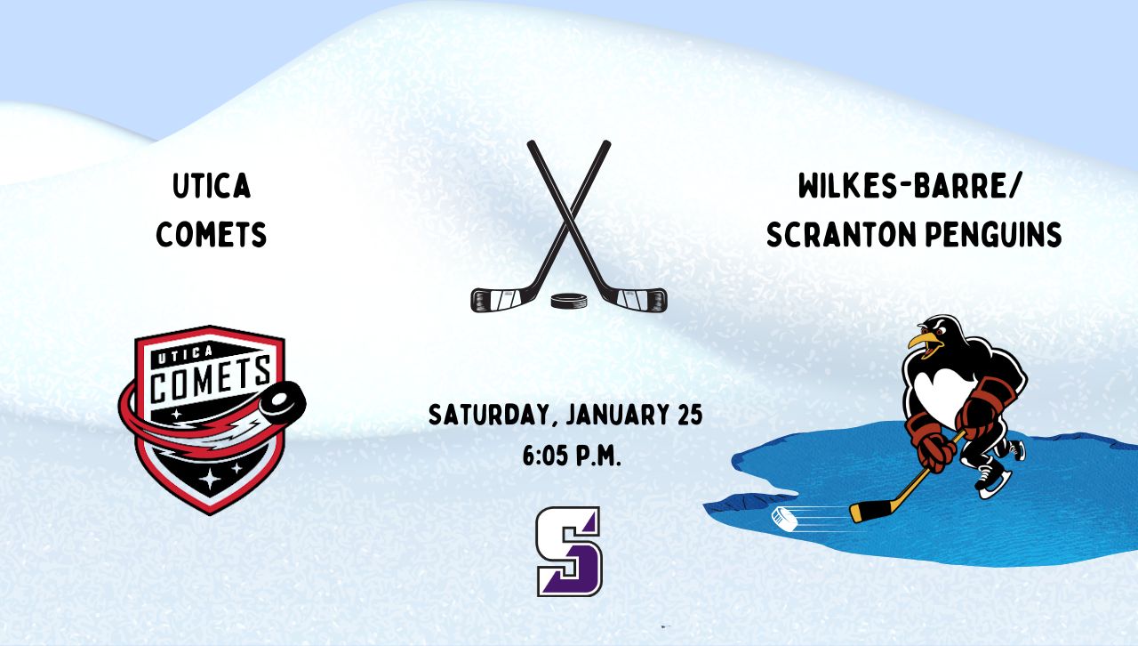 Graphic of the Utica Comets Symbol facing off against the Wilkes-Barre/Scranton Penguins mascot.