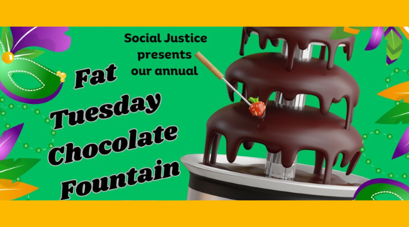 image of chocolate fountain on green, purple and gold Mardi Gras-inspired background