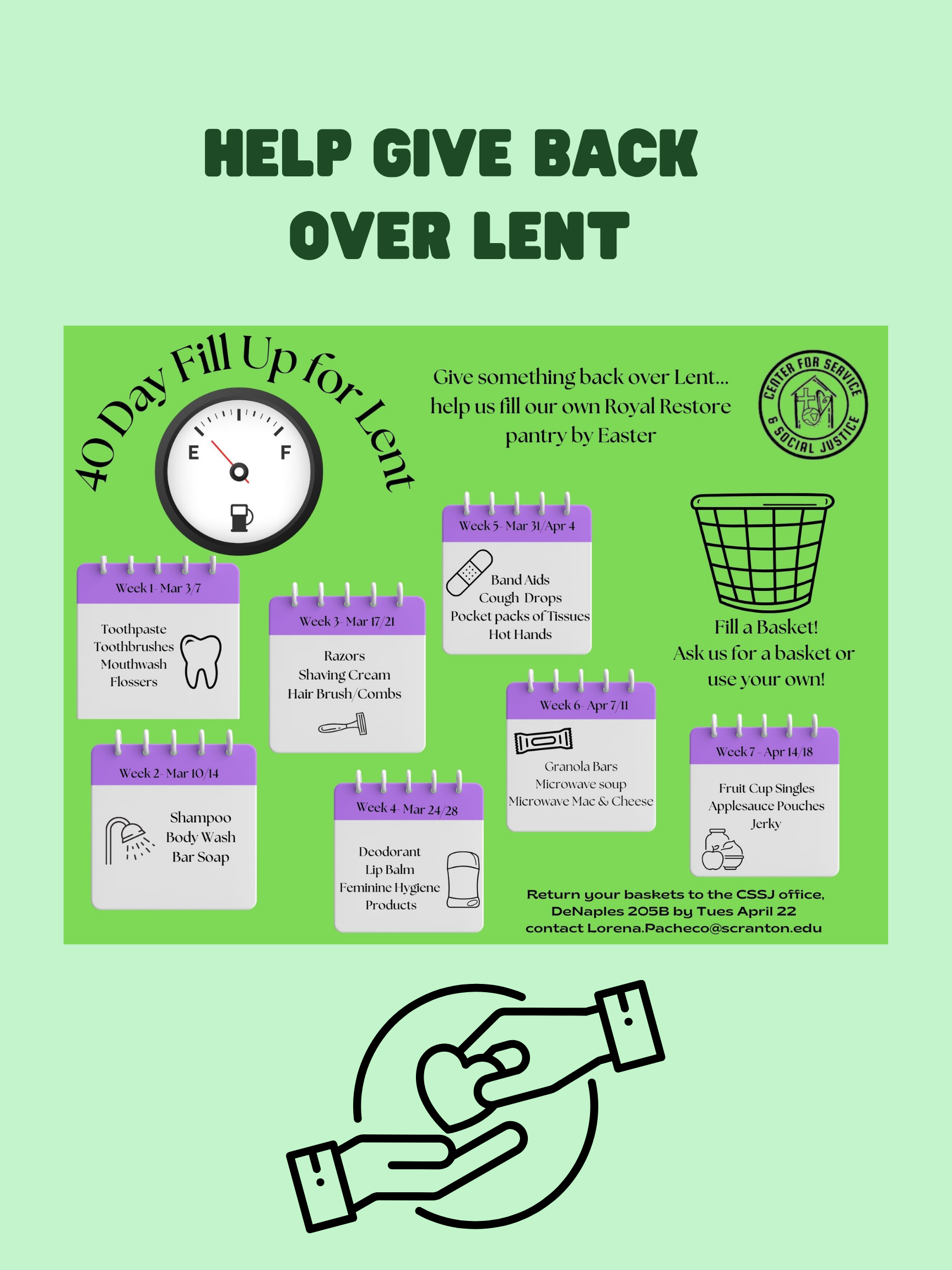 green flyer with small calendar graphics listing personal care items to be collex