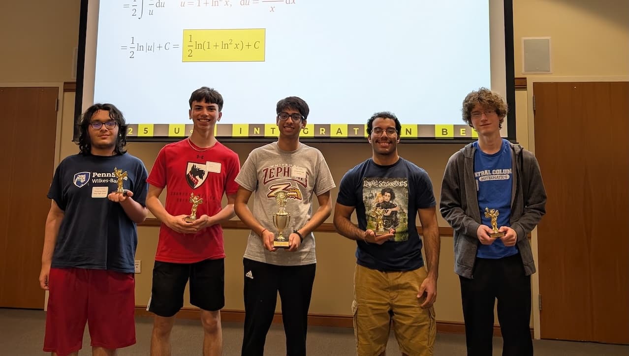 Five high school students were the finalists in The University of Scranton’s 2025 Math Integration Bee held on campus in April. From left are: Elijah Serota, Wyoming Valley West High School; Franklin Ritz, Hazleton Area High School; Neiv Sinha, Whitehall High School; Johncarlos Peralta, Hazleton Area High School; and John Mastellar, Central Columbia High School.