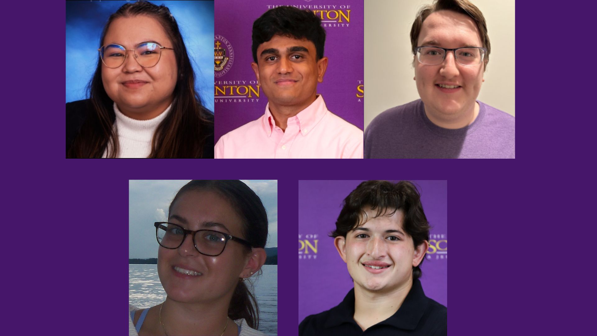 Noyce Scholars, shown, clockwise from top left: Britney Walsh '24, G'25, Devang Patel '24, G'25, Joseph Phillips '24, G'25, James Kane '26, and Alessandra Bellino '26.