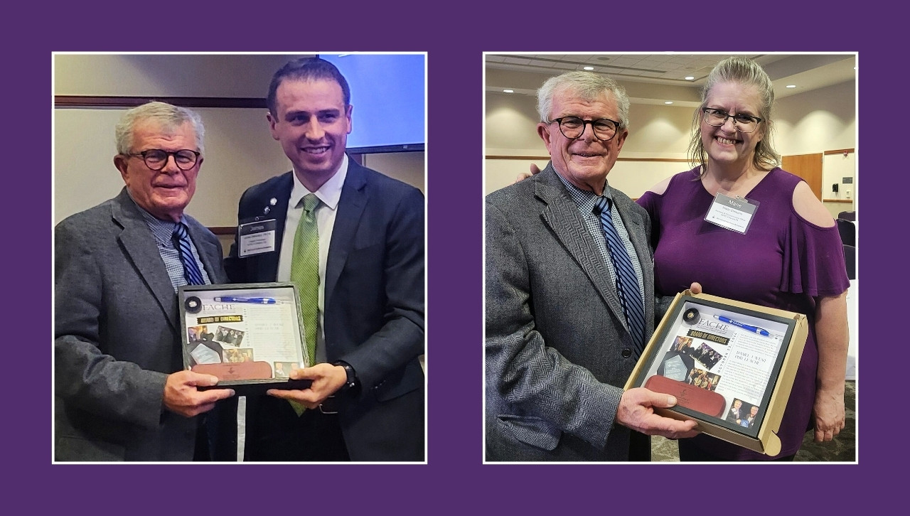 Two photos of a man receiving an award with presenters.