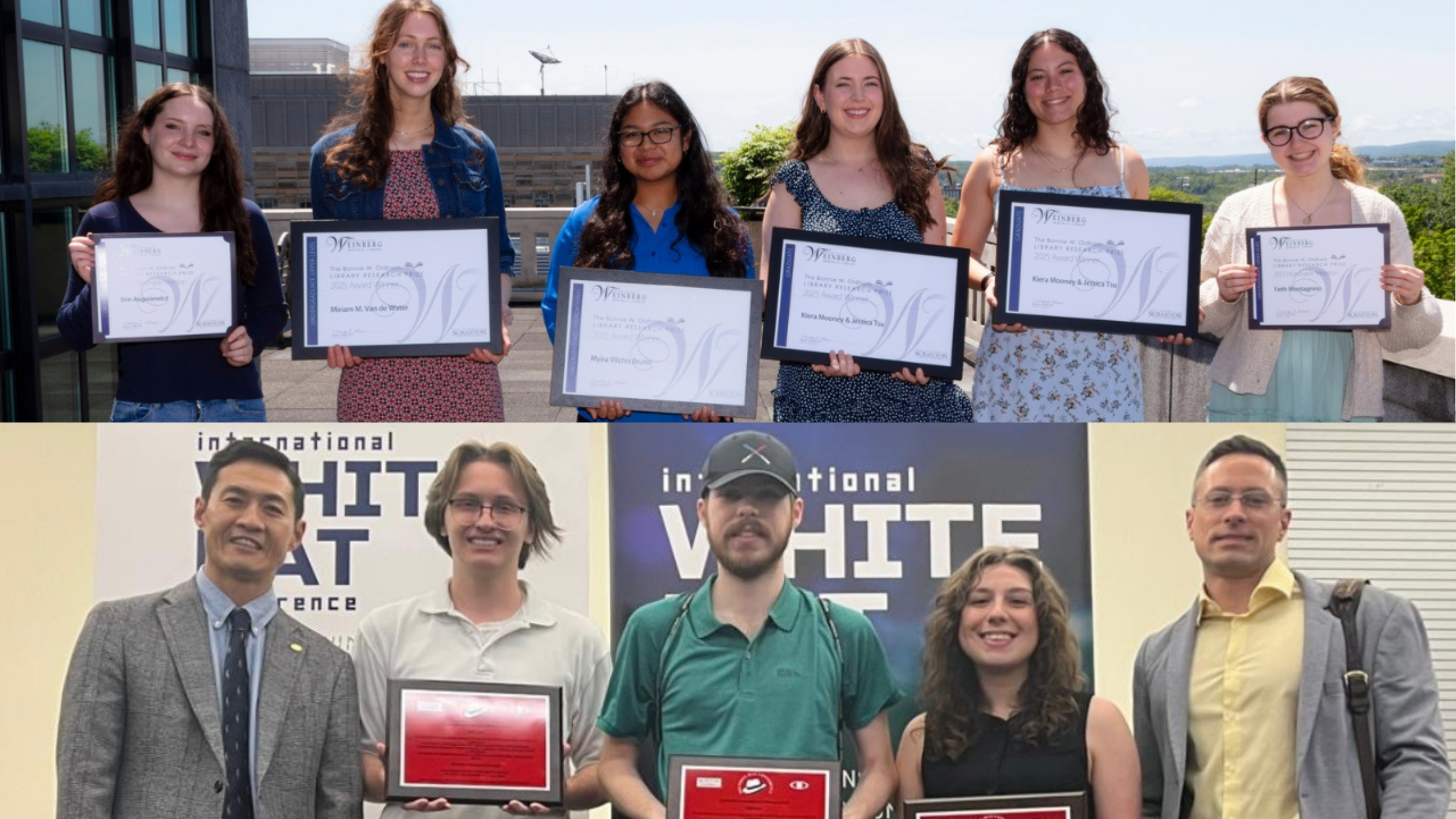 two photos of people standing holidng plaques