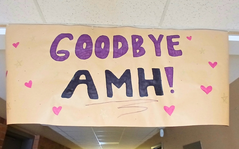 Colorful farewell banner saying "Goodbye AMH!" with hearts and stars.
