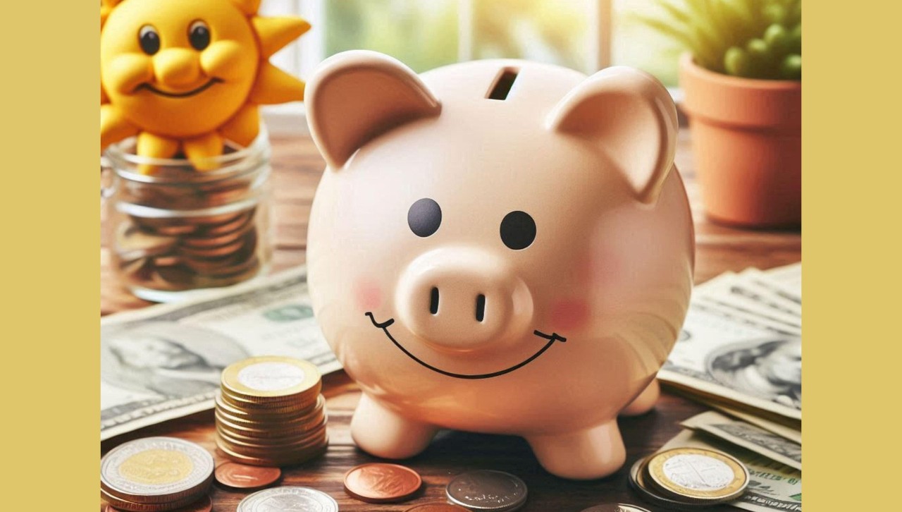 piggy bank surrounded by coins and paper money