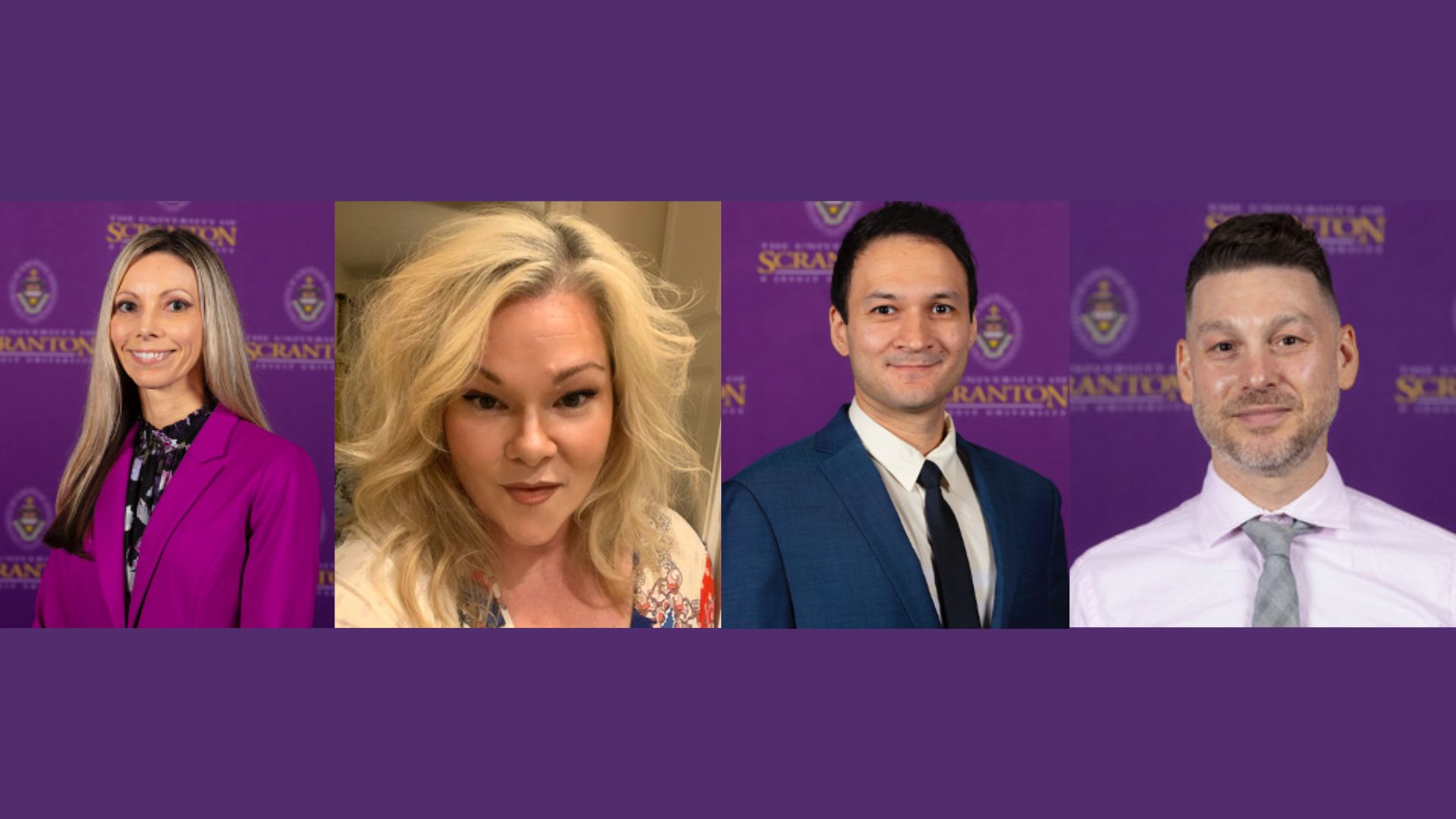 purple background with headshots of four people wearing business attire