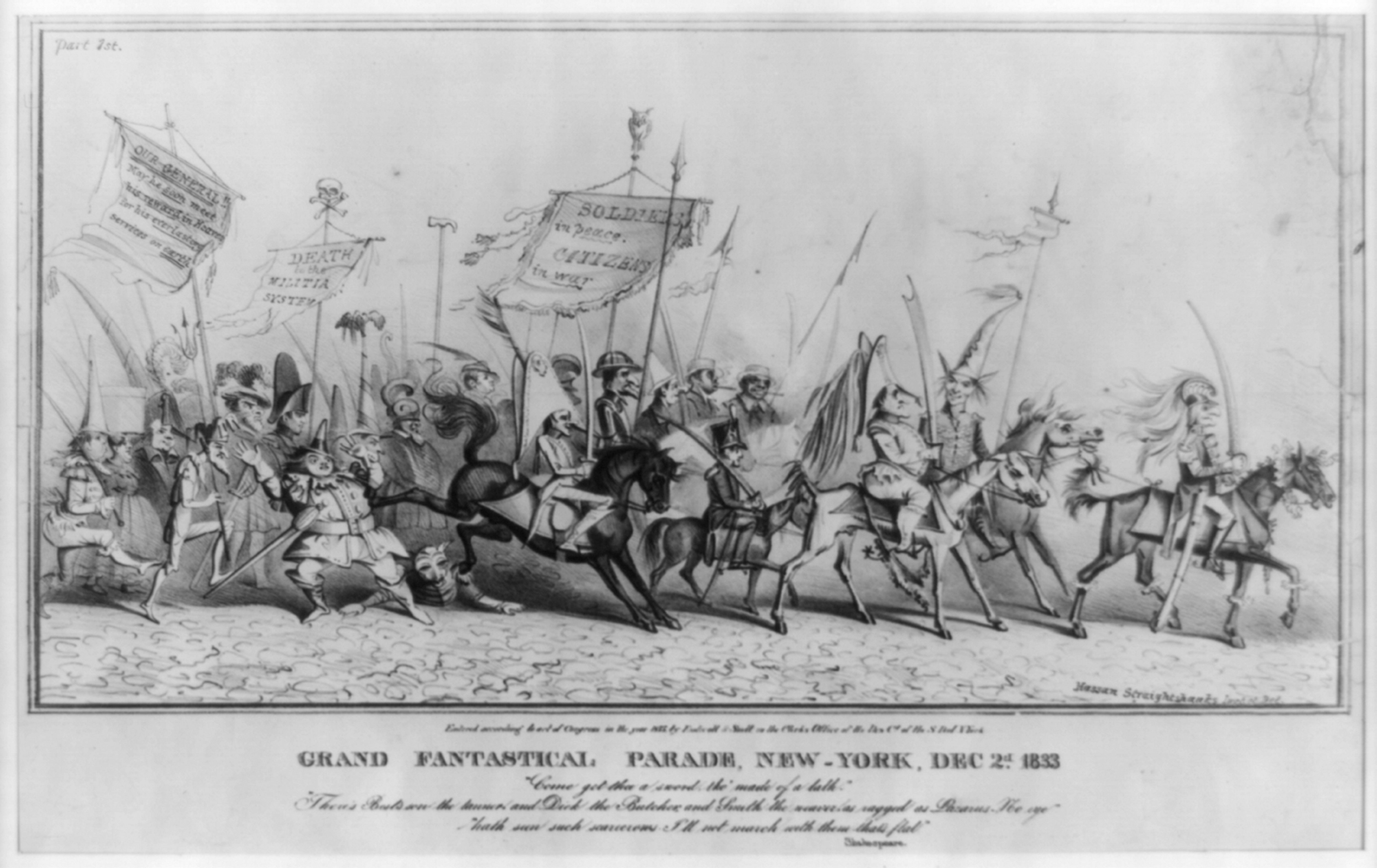 antique pen drawing of old militia in battle 