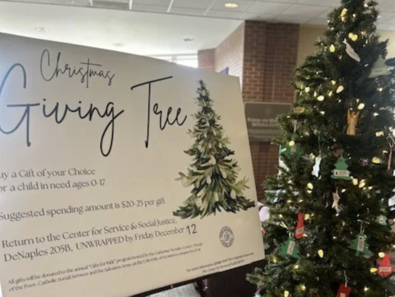 The Center for Service and Social Justice (CSSJ) invites all to take an ornament from the Mission and Ministry Christmas Giving Tree located on the second floor of the DeNaples Center in order to purchase a gift for a child in need in the area. 