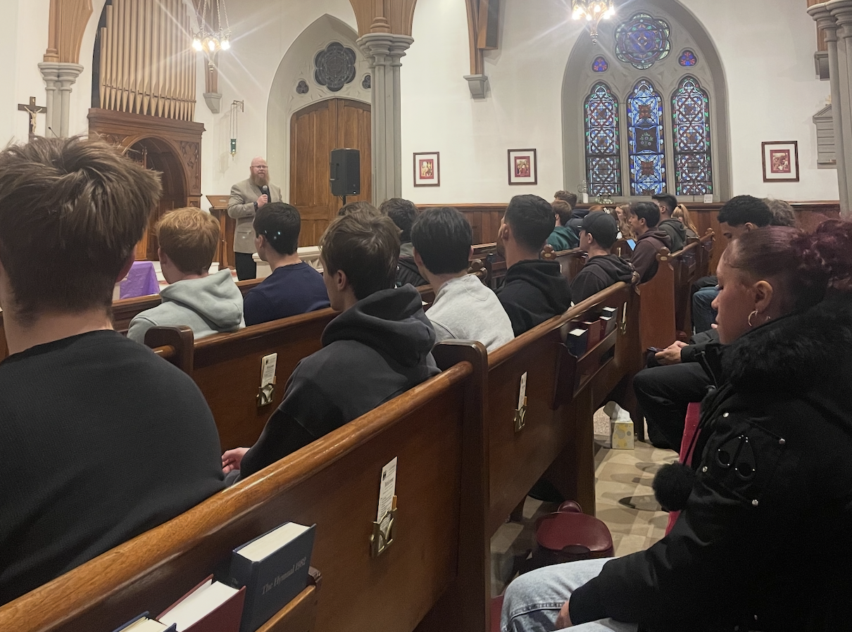 Ethical Encounters events brought together University students and faculty in first-year seminar courses with Cypress House at St. Luke’s, a bakery job reentry program modeled after Homeboy Industries founded by Rev. Greg Boyle, S.J.Students visited St. Luke’s Church in downtown Scranton, shown, and had the opportunity to hear from St. Luke’s Church pastor, Rev. Tyler Parry and local individuals who had been formerly incarcerated, sharing their stories of reentry in the Scranton area.