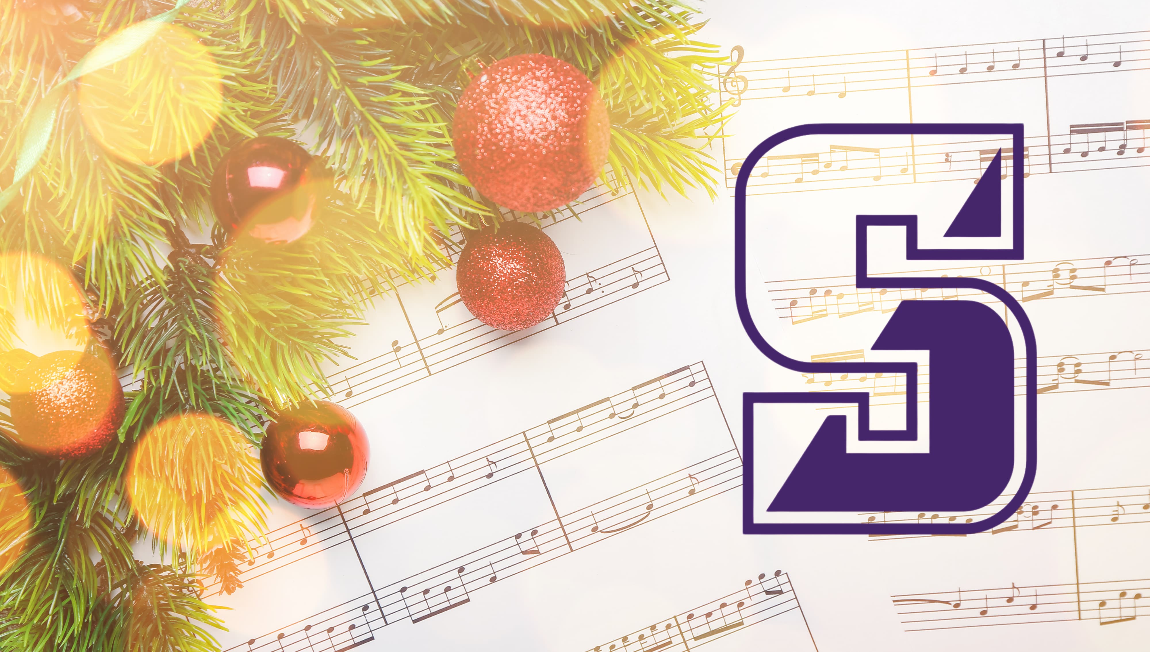 Holiday-themed graphic featuring music sheets with a purple logo and festive decorations.