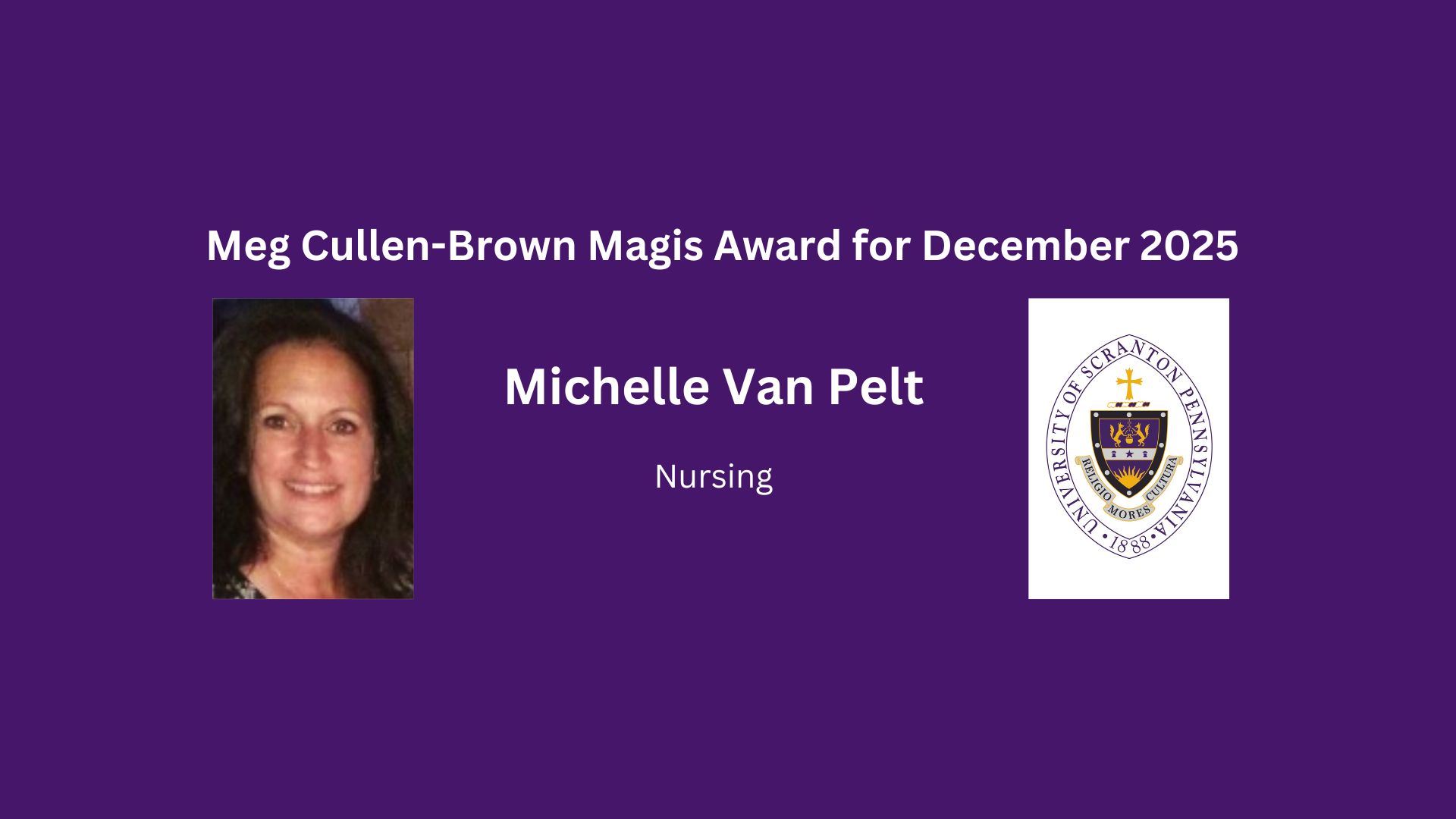 one University of Scranton icon and one photo on a purple background with verbiage