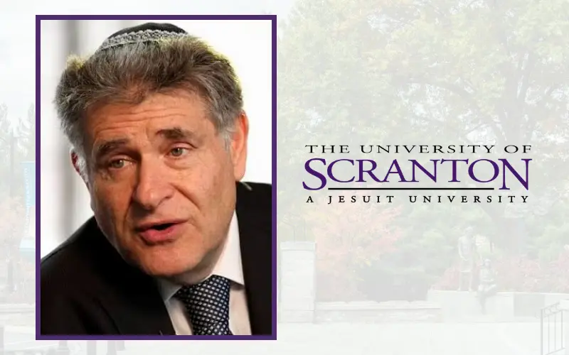 Portrait of an individual in a suit next to The University of Scranton logo and the text “A Jesuit University.”