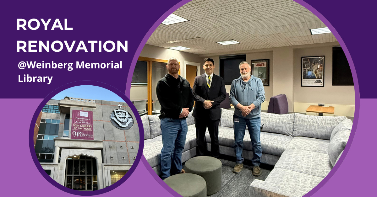 In the weeks between fall finals and the spring semester, University of Scranton Facilities and Library teams contributed their vision and skills to complete a Media Room renovation. Shown, from left, are Michael Ridder, Director, Maintenance Operations, George Aulisio, Ph.D., Dean of the Library, and Barry Eiden, Sr., Repair/Maintenance Supervisor
