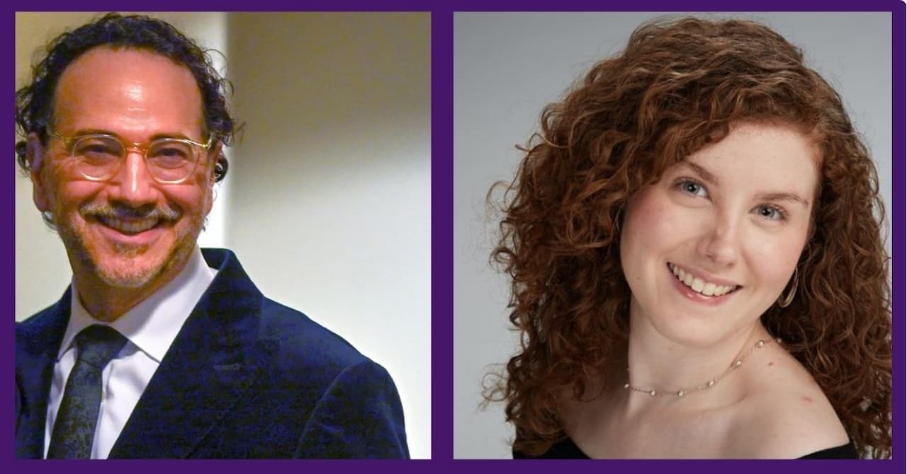 purple background behind two headshot photos 