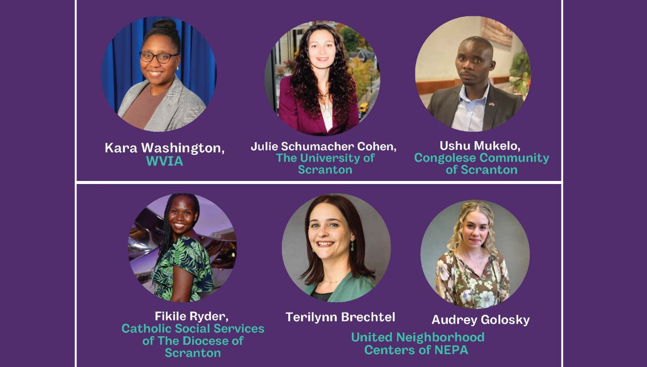 Following the screening of the WVIA documentary, "Making NEPA Home," the April 23 installment of the "CBL Talks" series will feature a panel discussion including speakers, shown above, Kara Washington, WVIA; Julie Schumacher Cohen, assistant vice president for community engagement and government affairs at The University of Scranton; Ushu Mukelo, Congolese Community of Scranton; Fikile Ryder, Catholic Social Services of the Diocese of Scranton; and Terilynn Brechtel and Audrey Golosky, United Neighborhood Centers of NEPA.