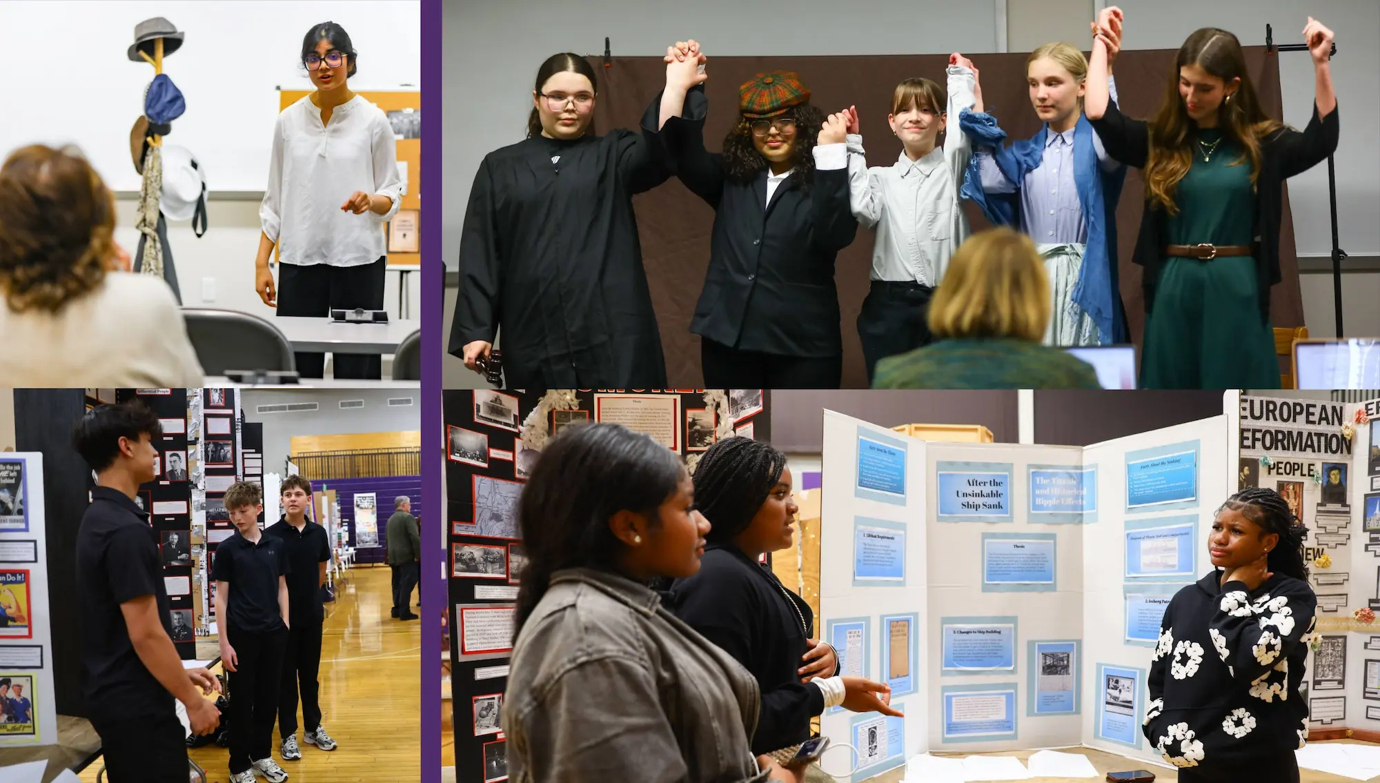 Collage of students presenting projects and performing on stage during a school showcase event.