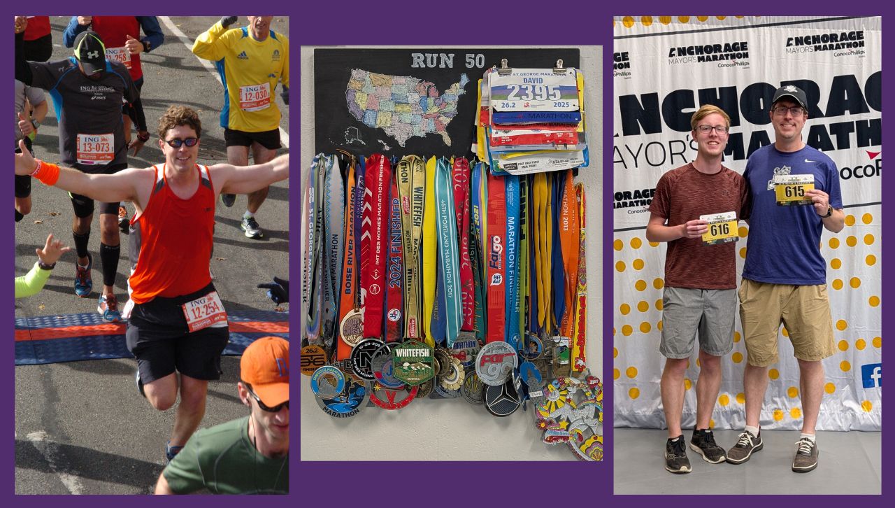 David Dzurec, Ph.D., associate provost for academic affairs and professor of history, shown above, recently achieved milestone: running a marathon in all 50 states. Above left, Dr. Dzurec completes the New York City Marathon. At center is wall display of Dr. Dzurec's marathon medals. At right at the June 20, 2026 Mayor's Marathon in Anchorage, Alaska Dr. Dzurec with son David. 
