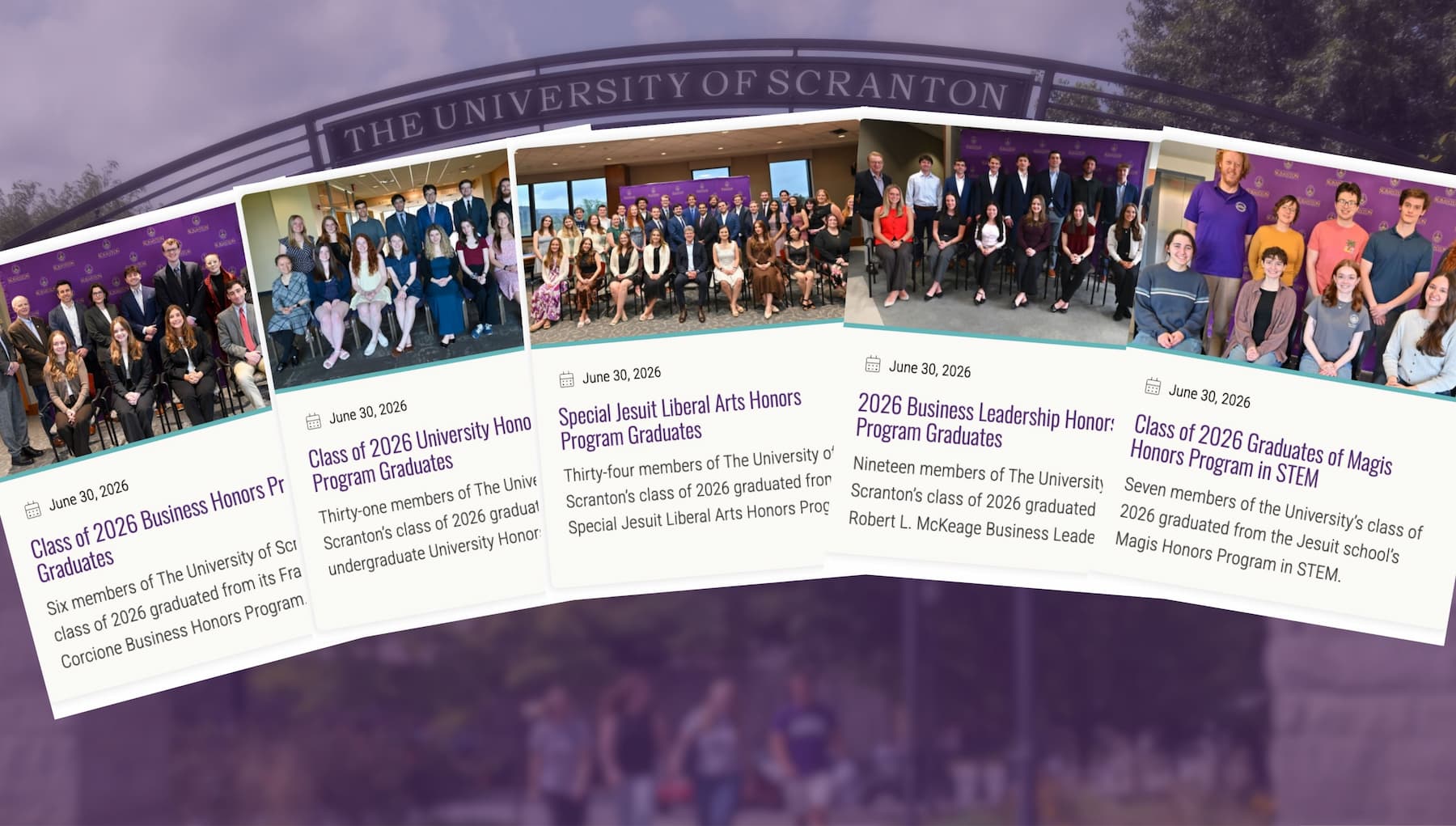 Collage of University of Scranton honors program announcements featuring group photos of the Class of 2026 graduates, set against a campus arch background.