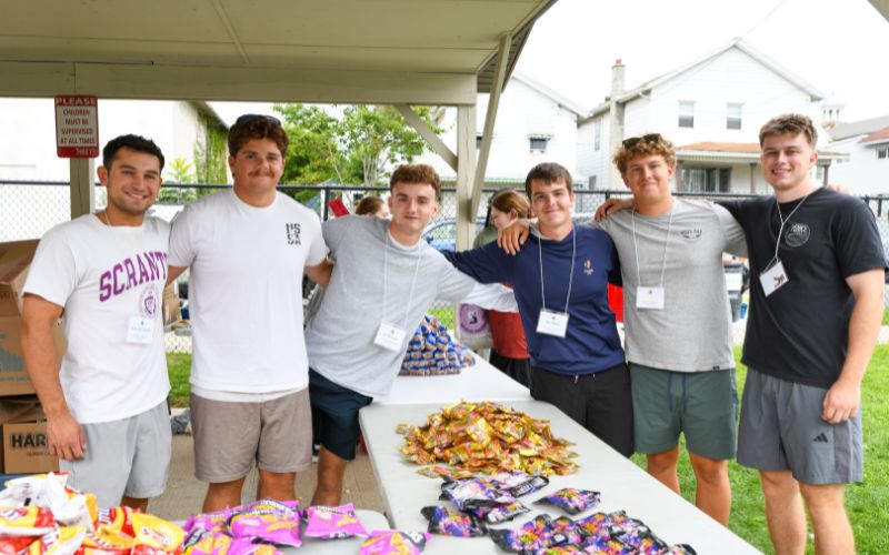 “We have 40 first-year students who moved in a week early to participate in local service trips with the Scranton community, and they are led by an upperclassmen team of 12 students,” said Avianna Carilli ’22, CSSJ coordinator of domestic and international service programs. “Throughout this week, we are visiting about eight different nonprofit organizations. But today, we’re all working to collaborate and bring everyone together to put on a great event for our community.”The 40 F.I.R.S.T. volunteers span more than a dozen declared majors and five states (Pennsylvania, Connecticut, Delaware, New Jersey, New York). The service sites where they are working this week include the Gino J. Merli Veterans Center, St. Joseph’s Center, NeighborWorks, CHOP Out Hunger and the Harry and Jeanette Weinberg Northeast Regional Food Bank.
