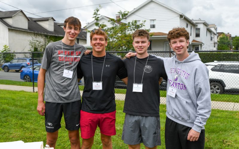 “We have 40 first-year students who moved in a week early to participate in local service trips with the Scranton community, and they are led by an upperclassmen team of 12 students,” said Avianna Carilli ’22, CSSJ coordinator of domestic and international service programs. “Throughout this week, we are visiting about eight different nonprofit organizations. But today, we’re all working to collaborate and bring everyone together to put on a great event for our community.”The 40 F.I.R.S.T. volunteers span more than a dozen declared majors and five states (Pennsylvania, Connecticut, Delaware, New Jersey, New York). The service sites where they are working this week include the Gino J. Merli Veterans Center, St. Joseph’s Center, NeighborWorks, CHOP Out Hunger and the Harry and Jeanette Weinberg Northeast Regional Food Bank.