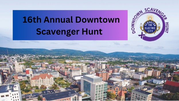aerial view of downtown scranton with logo for University of Scranton Scavenger Hunt in top corner of image