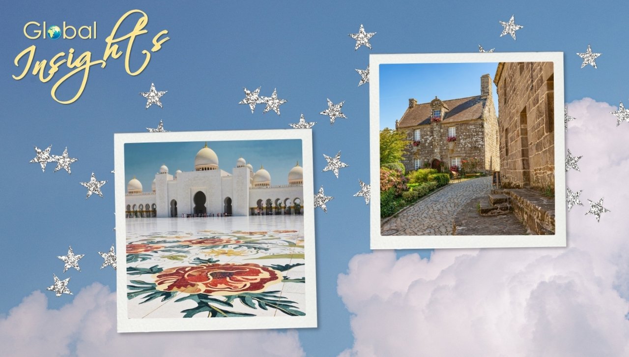 blue sky with white clouds and photos of UAE and France