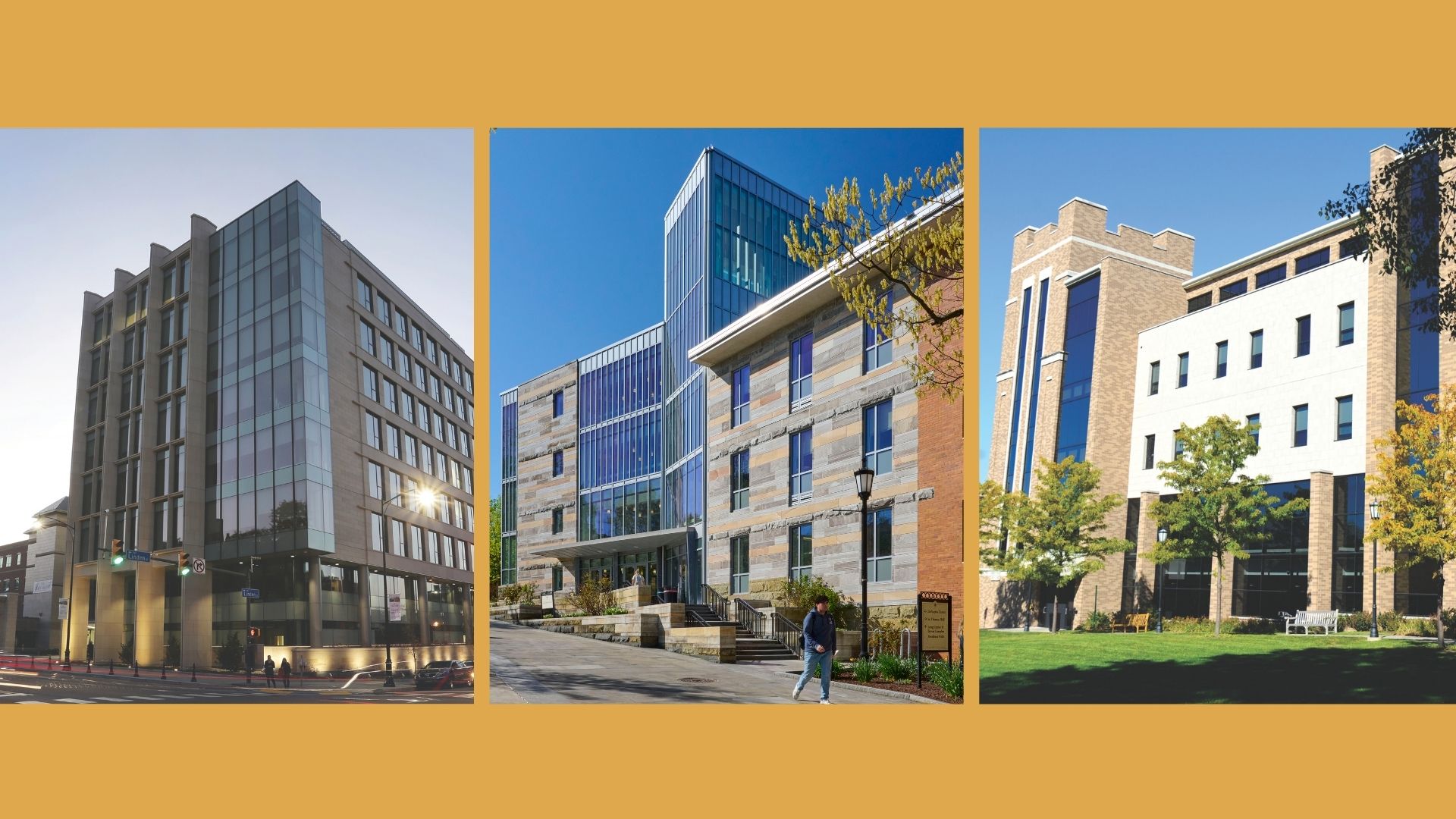 gold background with three vertical panels featuring one large building in each