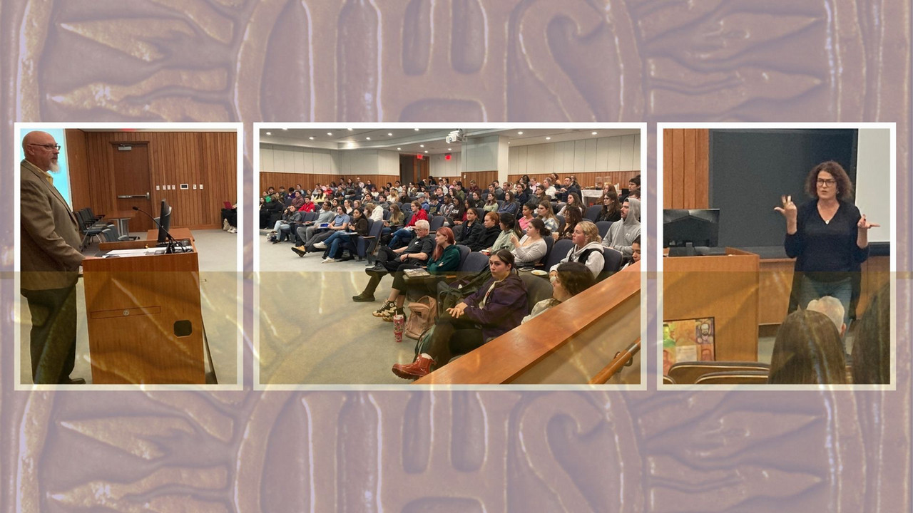 background transparent icon with three smaller photos on top, man speaking at a podium, audience seated, woman presenter gesturing 