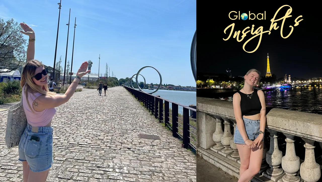 woman in daylight along French waters, same woman at night in front of the Eiffel tower