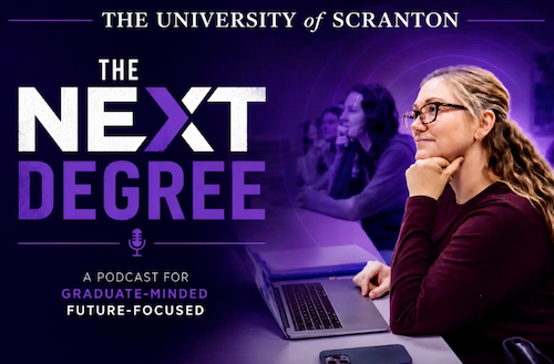 a young woman wearing glasses seated at a laptop computer dark background with logo in top left 'the next degree' 