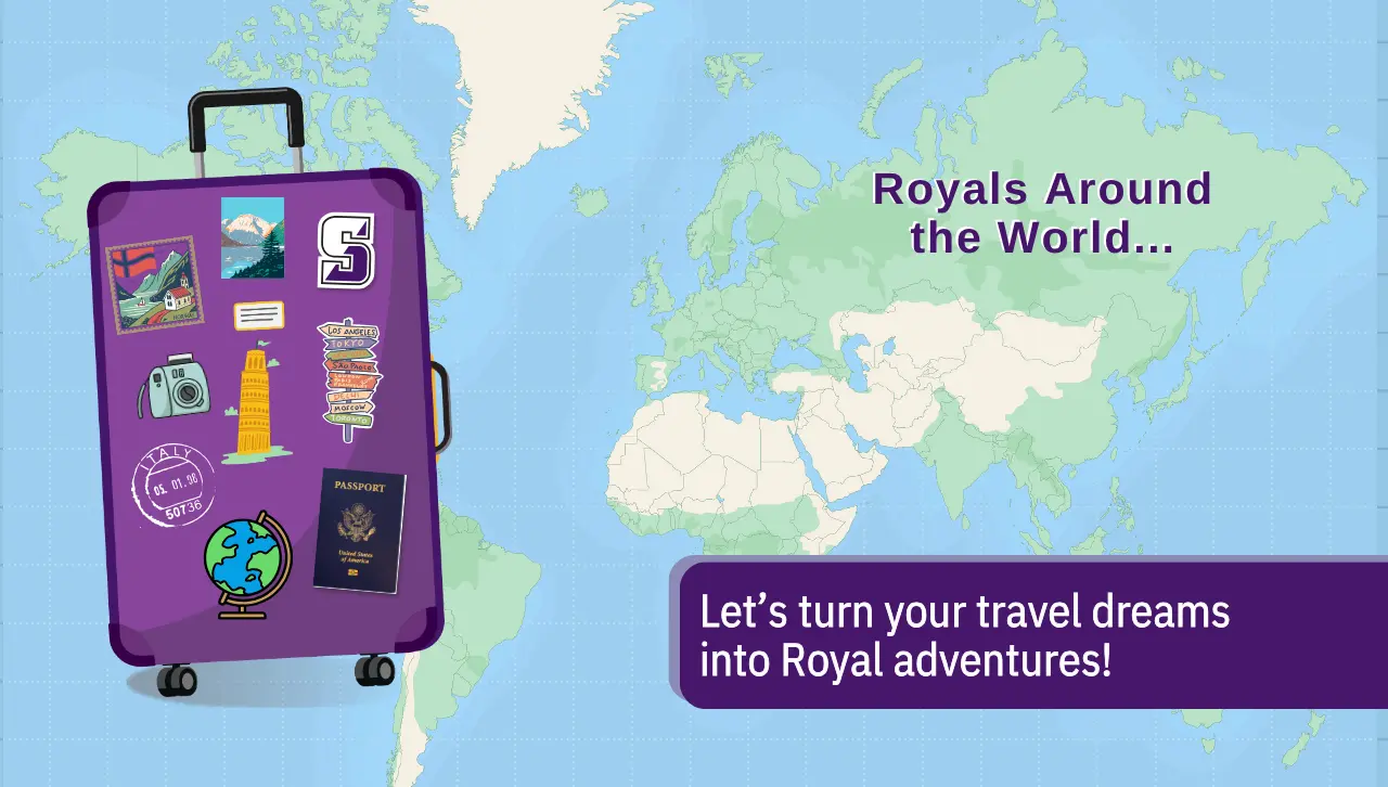 Royals Around the World...Let’s turn your travel dreams into Royal adventures! Map with purple suitcase covered in travel stickers